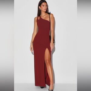 Lulus Simply Beautiful Burgundy One shoulder cutout dress